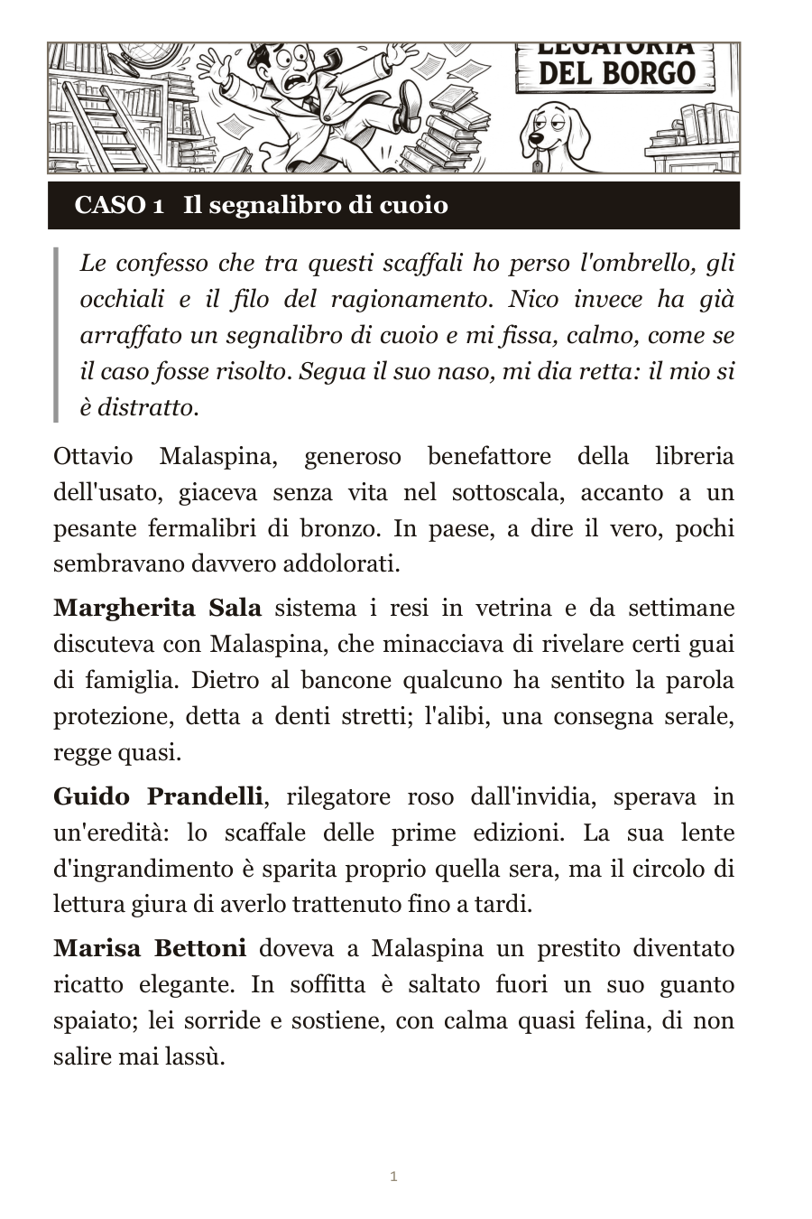 Dentro il libro di crucipuzzle gialli — la pagina di un caso con il breve giallo da leggere